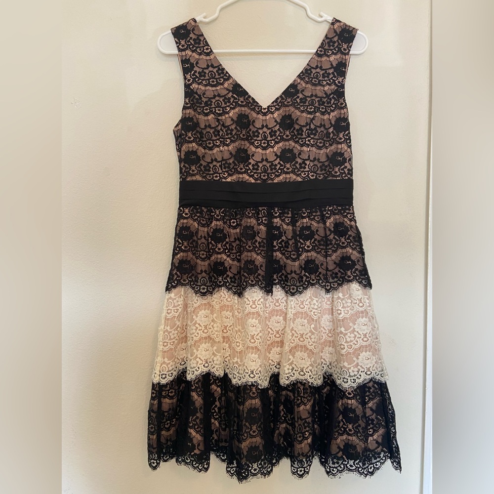 Elegant Lace V-Neck Dress - Black and Cream